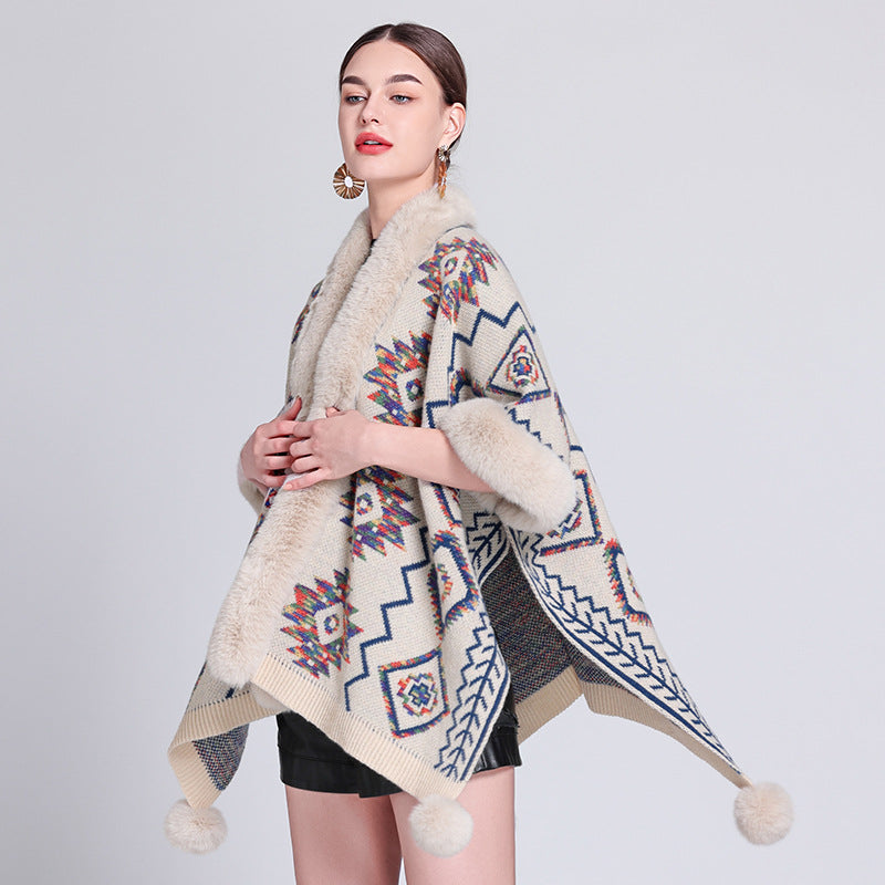 Wholesale Western Style Aztec Fur Ball Shawl Polyester Silk Cape Cape Cardigan Jacket